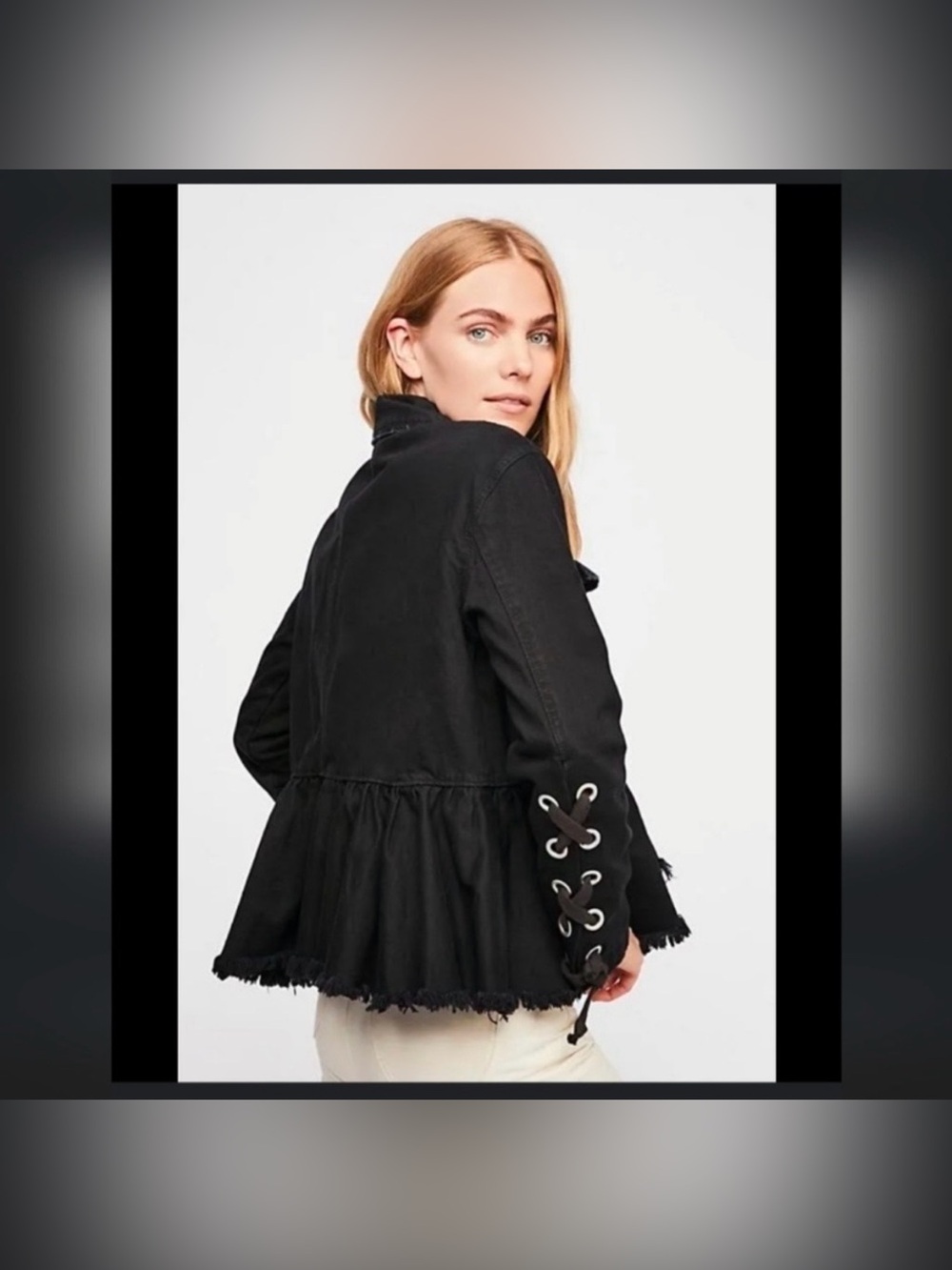 Free People Willow Black Lace-Up Bohemian Goths Peplum Denim Jacket Size S